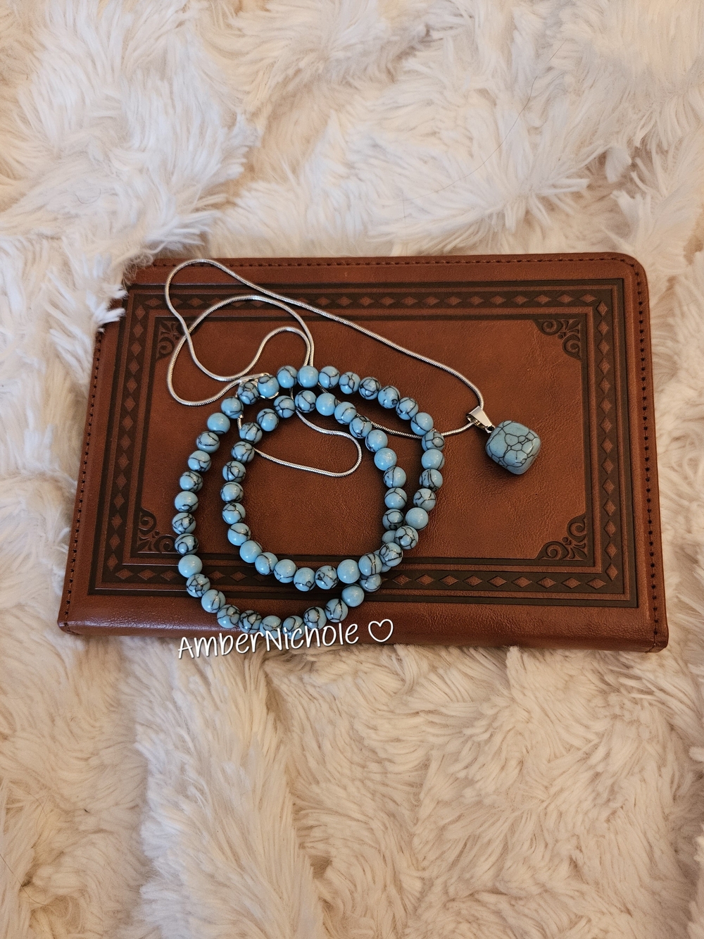 Turquoise☆Beaded Necklace and Double Wrap Bracelet Set